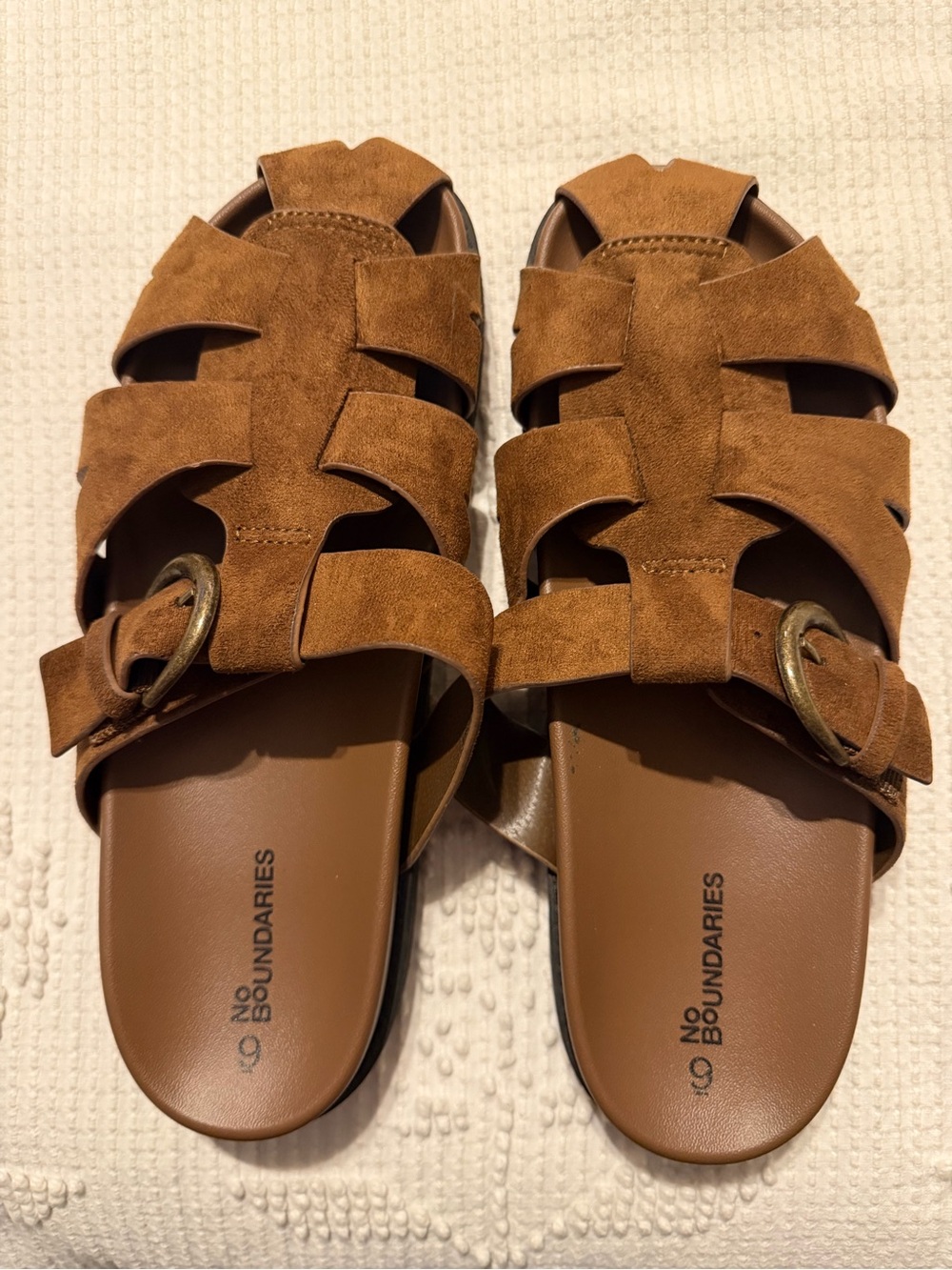 No Boundaries Tan Suede Multi-Strap Buckle Slide Sandals